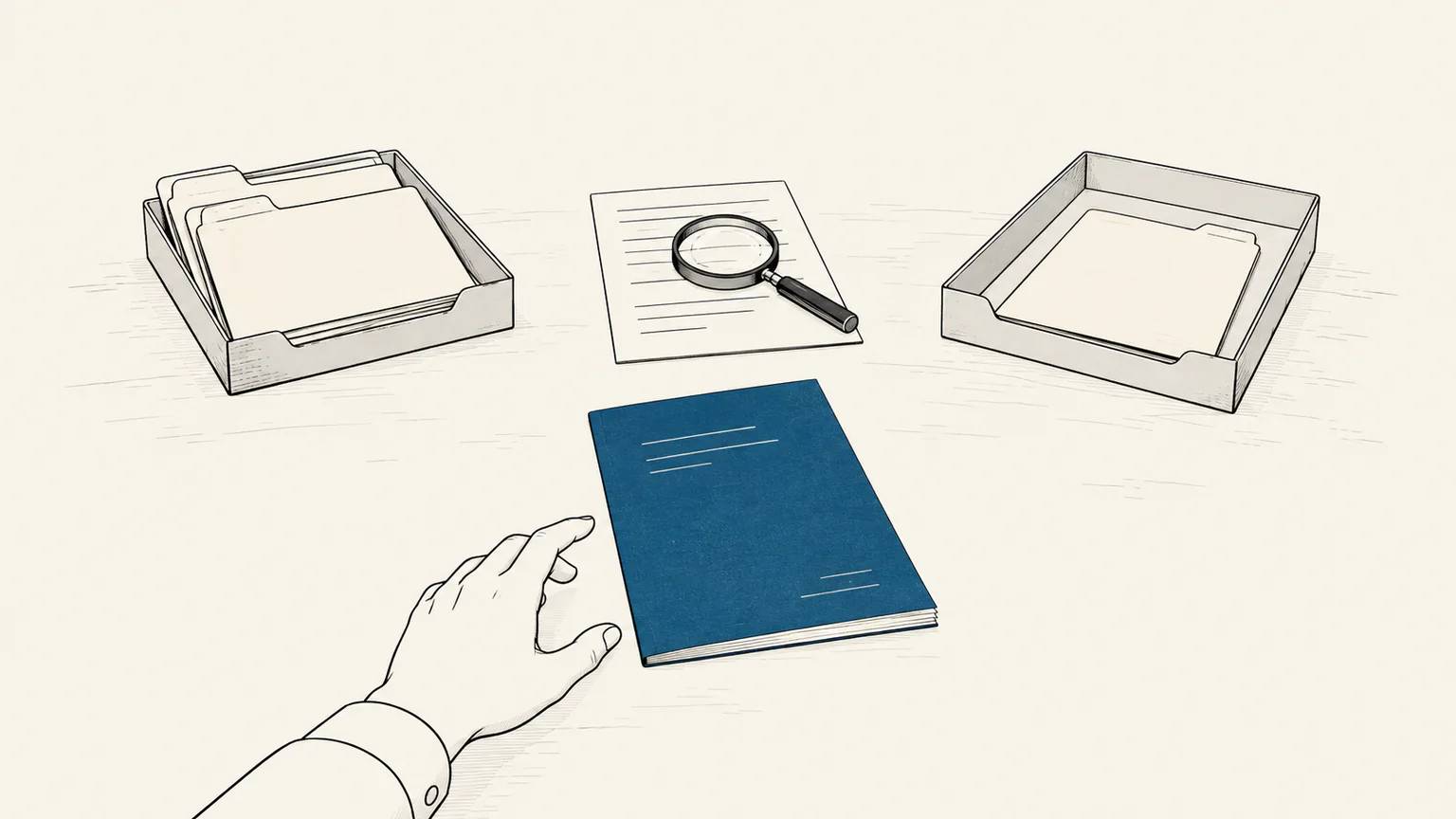 A hand chooses between waiting work, careful review, and a new assignment after completing a report.