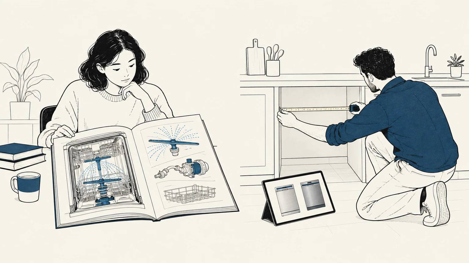 A reader studies a dishwasher manual while another person measures a kitchen space and compares models.