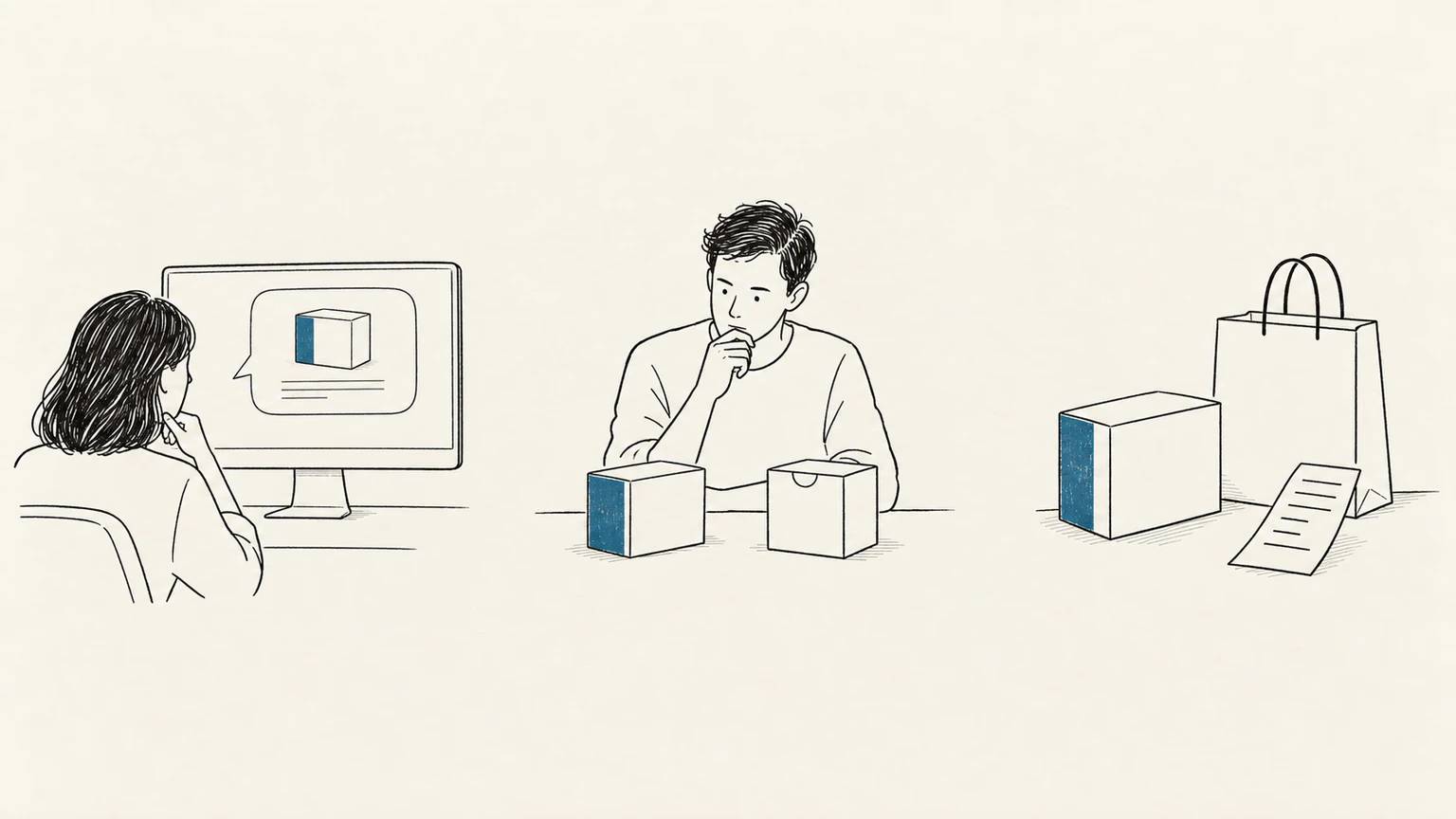 A product appears in an AI answer, a person compares two options, and a purchase is shown in three separate scenes.