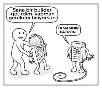 Yapım talimatlarını bilen ustaya işi devreden yöneticiyi gösteren karikatür