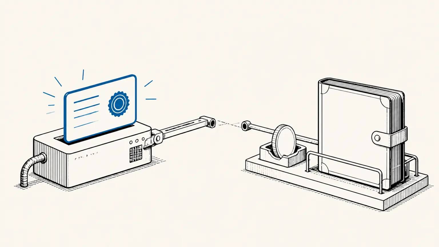 A machine producing a checked output sits disconnected from the processing mechanism across a visible gap