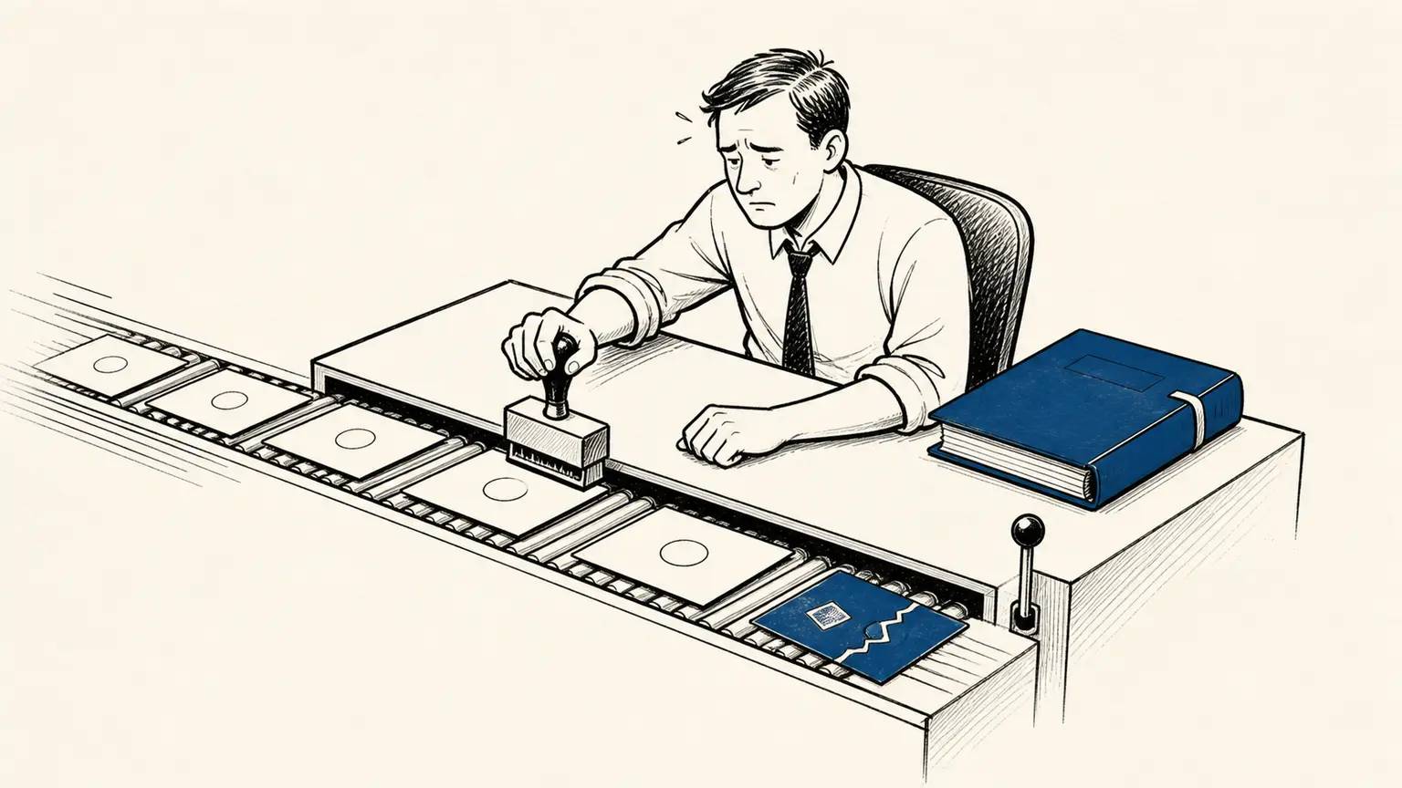 A reviewer stamps files on a conveyor while a blue exception passes beside a closed folder