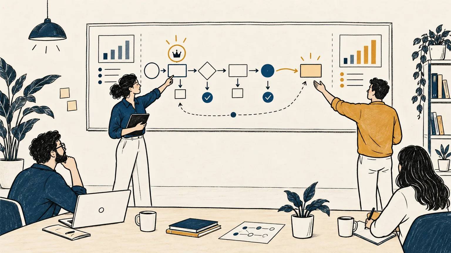 A team tracks a shared workflow with a clear owner and compares abstract before-and-after measures of operational change