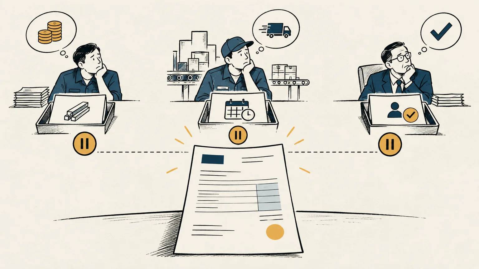 An AI-assisted quotation sits in the foreground while purchasing, production and owner approvals remain separate waiting points