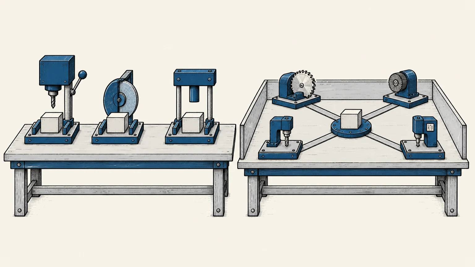 A fixed row of tool stations sits beside a bounded work surface where new information can determine the next choice