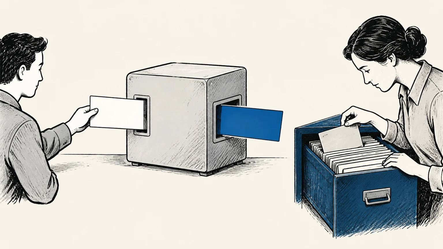 Eine leere Antwortkarte verlässt eine Servicebox, während eine Prüferin den getrennten maßgeblichen Transaktionsdatensatz kontrolliert
