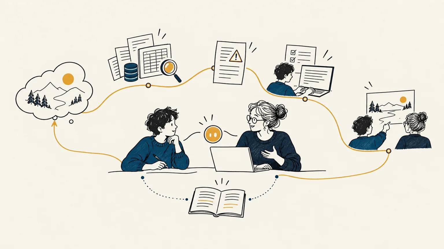 A less experienced employee and an experienced colleague review AI output against real results and carry the learning into the next question