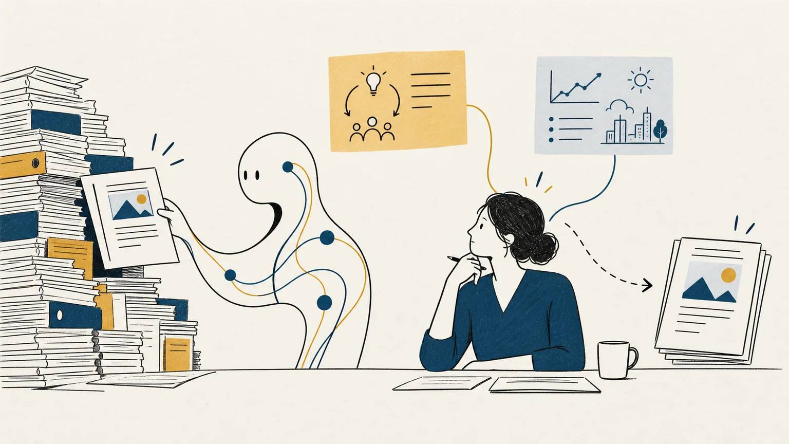 Scattered documents are connected through AI and human judgment to a decision in a customer proposal