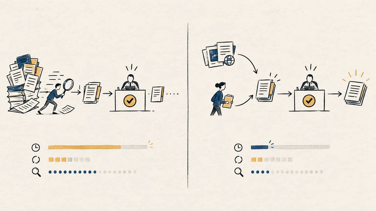 A document search and verification workflow compared with shorter time and less repeated work