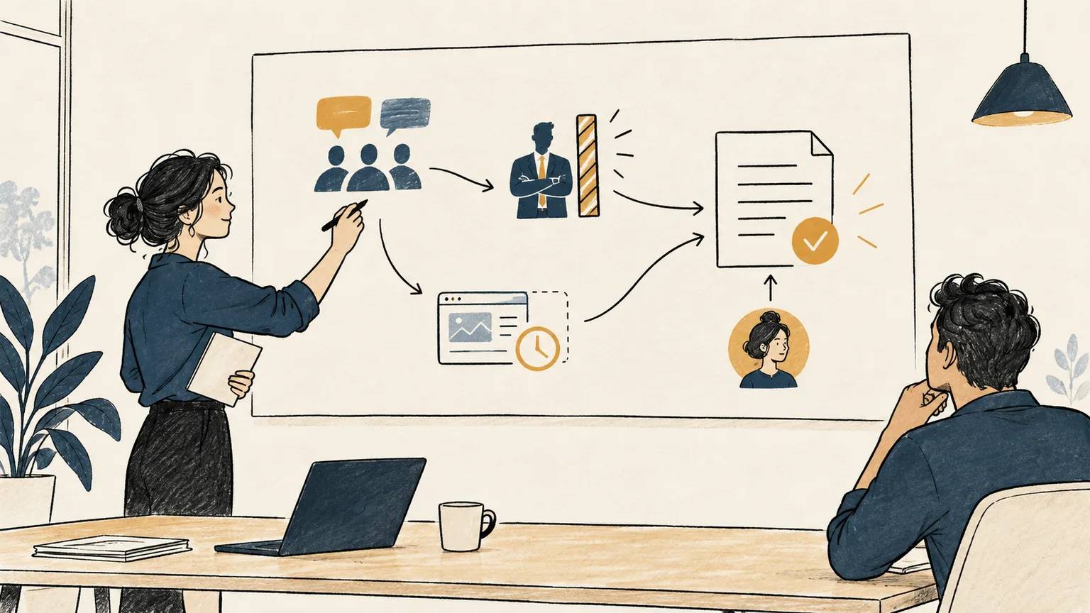 A product manager connects customer conversations, the sales approval bottleneck, the postponed prototype, and the decision rationale on one shared board