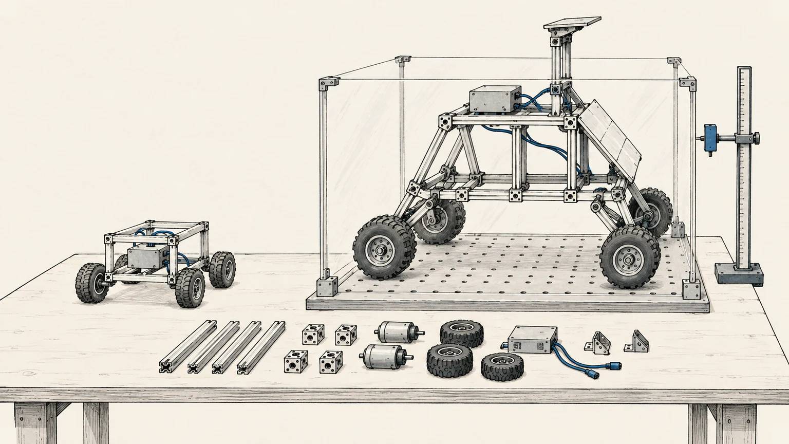 A small prototype stands beside a larger testable prototype built from the same limited components