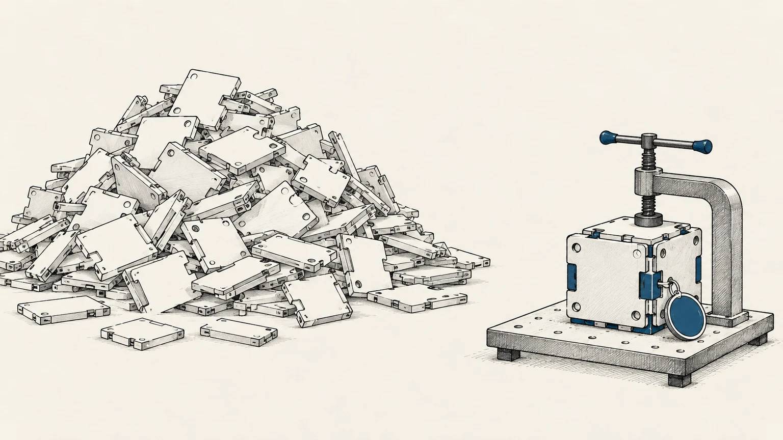 A large pile of produced components contrasts with a smaller assembly secured under an inspection clamp