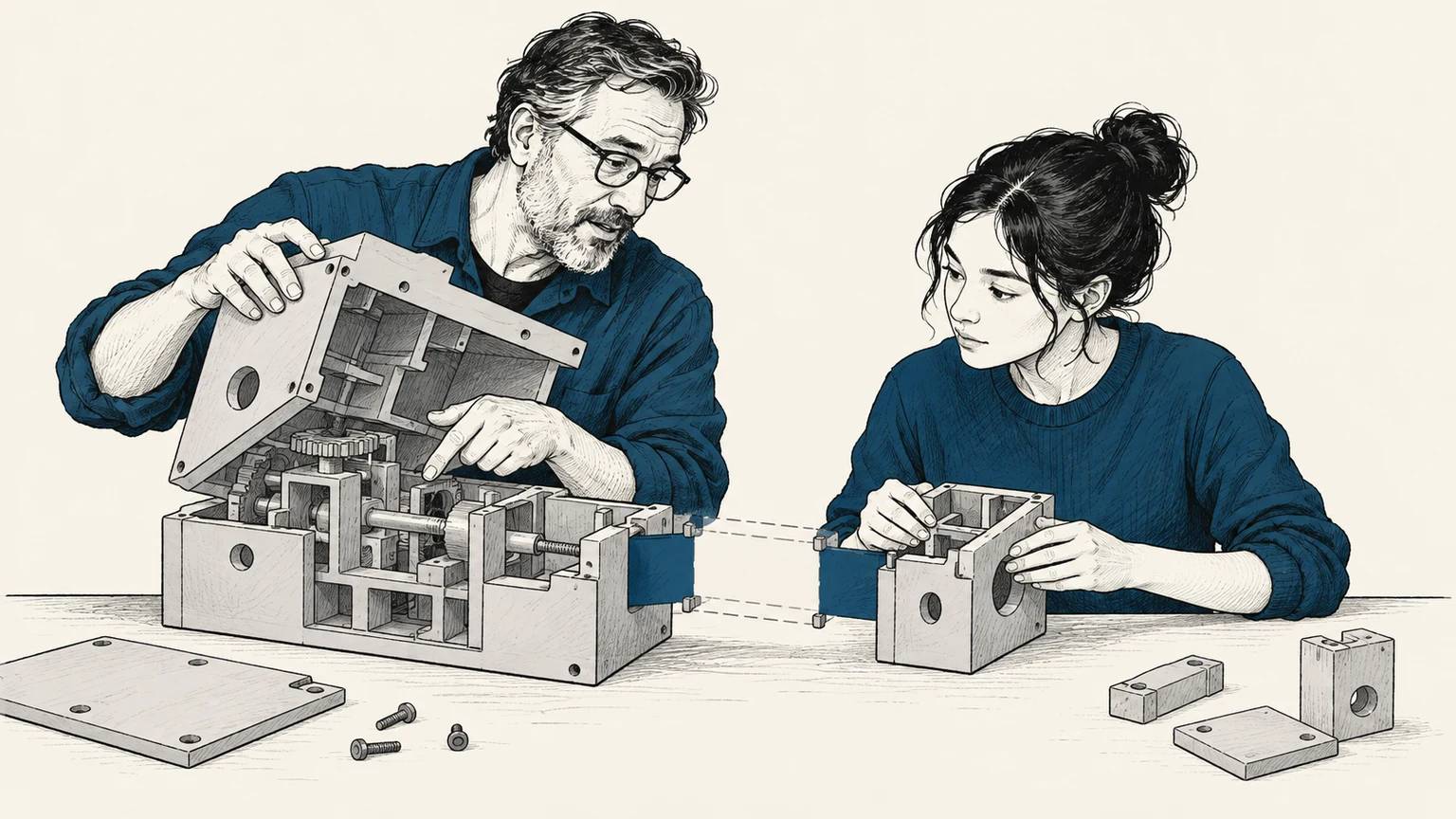 An experienced developer opens a work structure while a junior colleague takes responsibility for a connected section through shared explanation