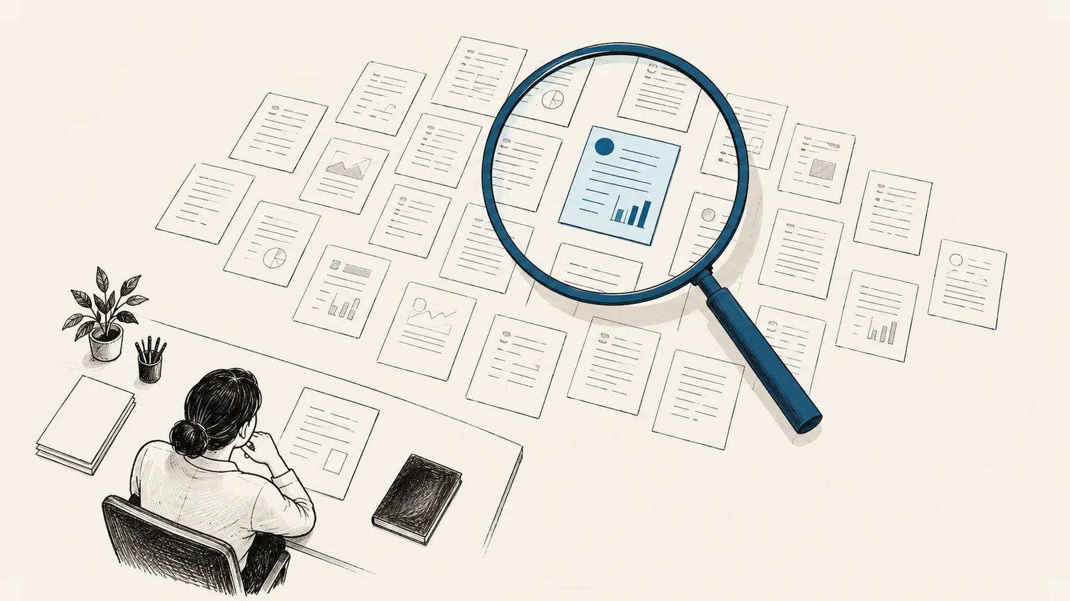 A manager reviews many work outputs while one exception is surfaced with a blue inspection mark