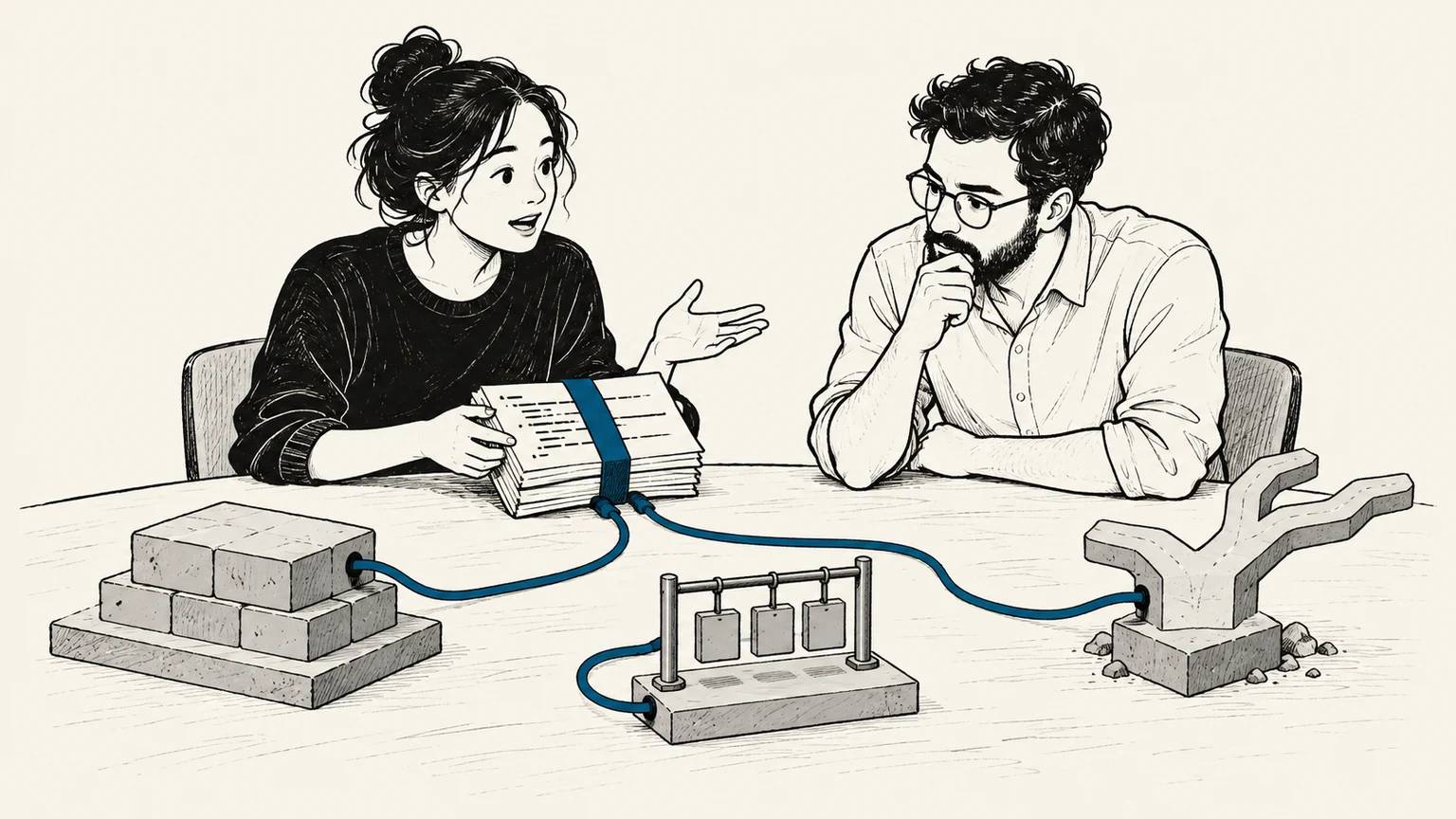 Bir yazar üretilmiş kod paketini açıklarken reviewer ortak masada varsayımlar, hata durumları ve testlerle bağlantı kuruyor