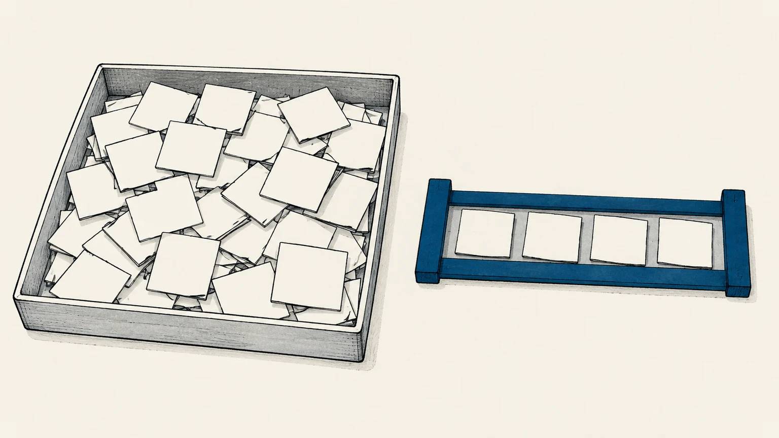 Many blank query tiles sit outside a measuring frame while only a few selected tiles enter it