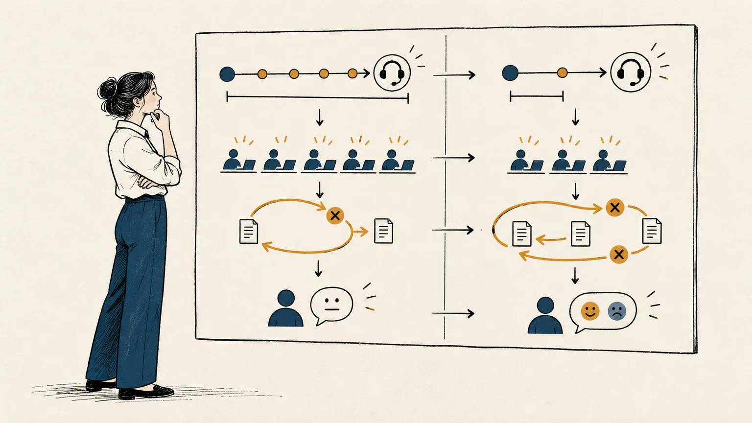 A manager compares elapsed time, human effort, rework, and customer outcome across the before-and-after workflow