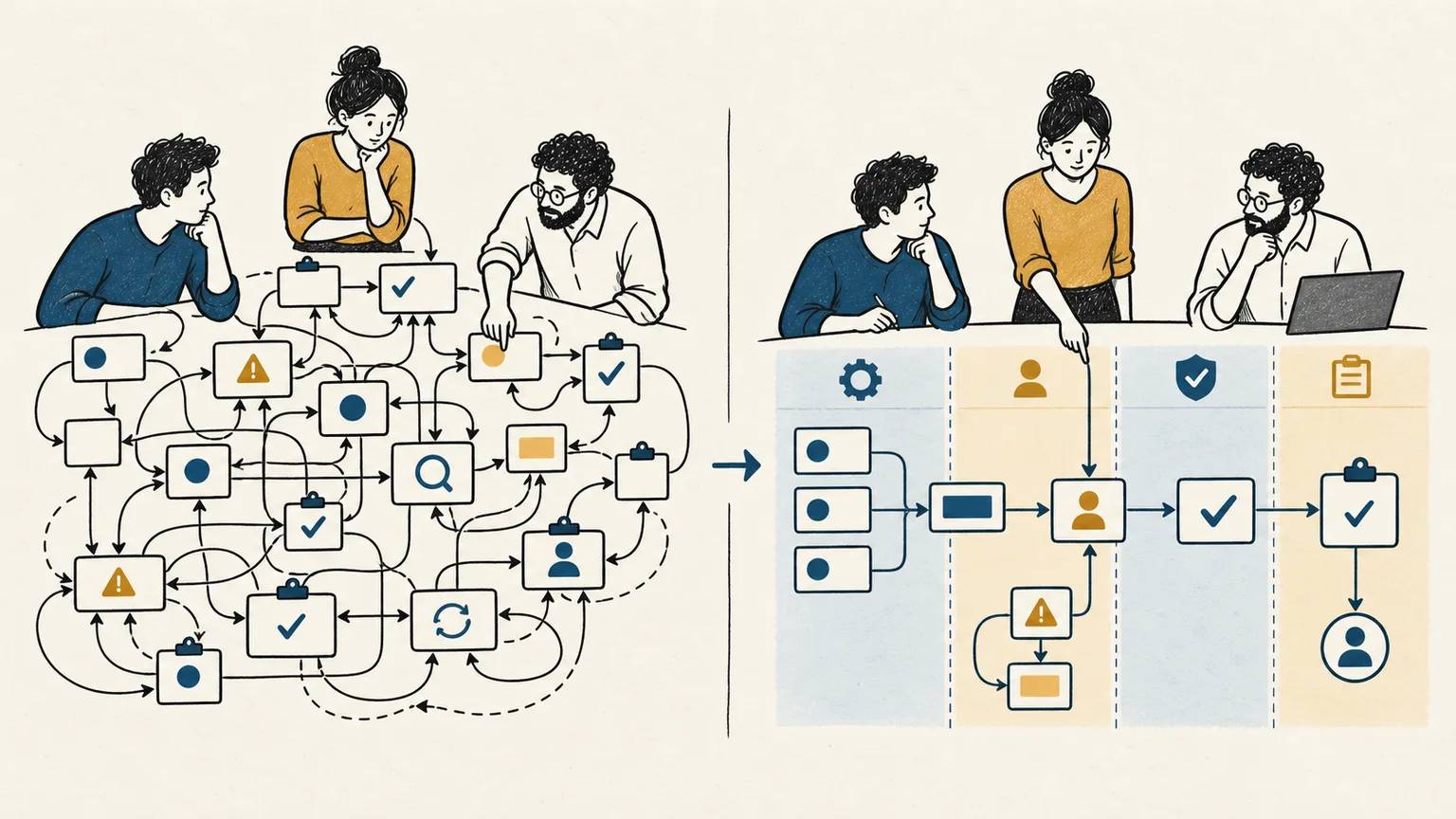 A smaller team still carries a tangled burden of control and exceptions, while a redesigned flow separates tasks and human intervention clearly
