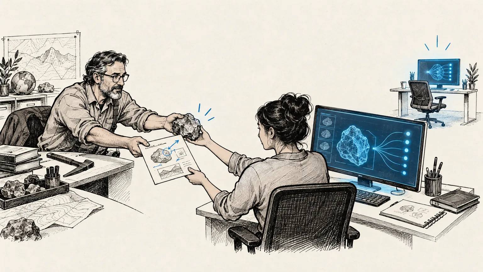An experienced worker passes domain knowledge to a colleague at an AI-assisted station, grounding the new role in real expertise