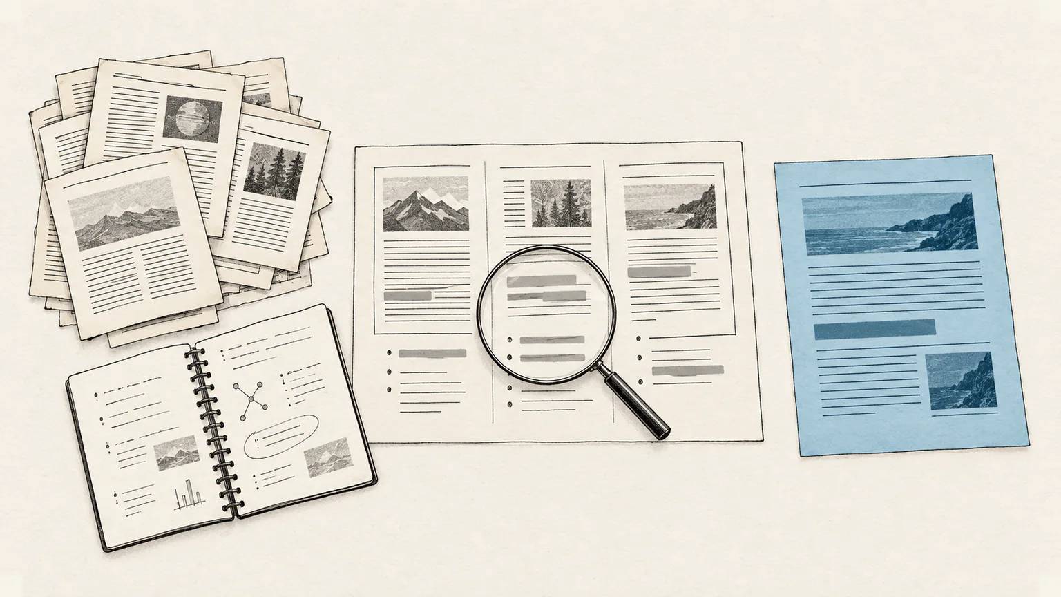 An archive and research notes are reviewed before one new draft is selected as an editorial decision