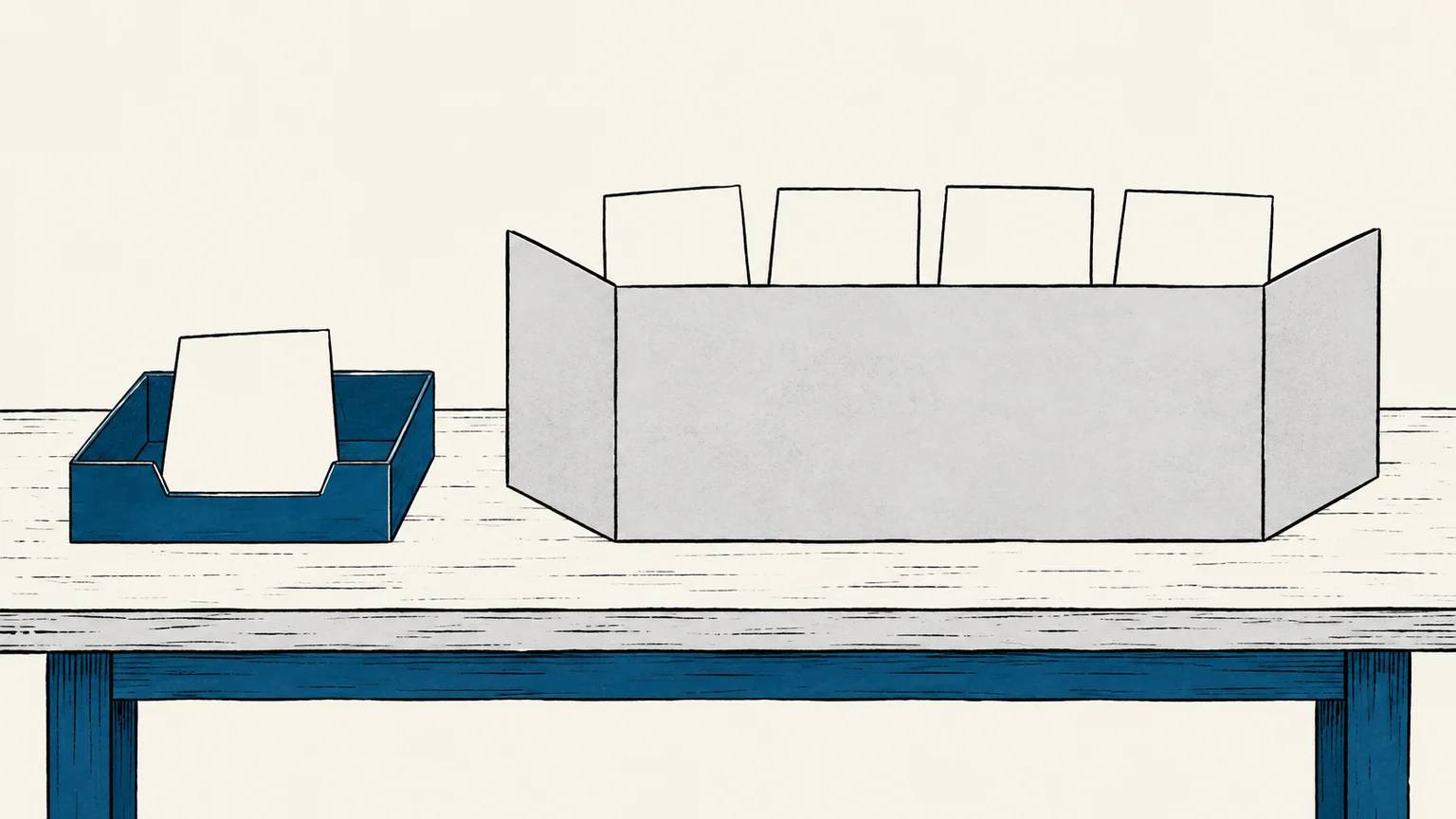 One blank artifact is placed in a public tray while four others remain behind a boundary, showing that disclosure should be decided one artifact at a time
