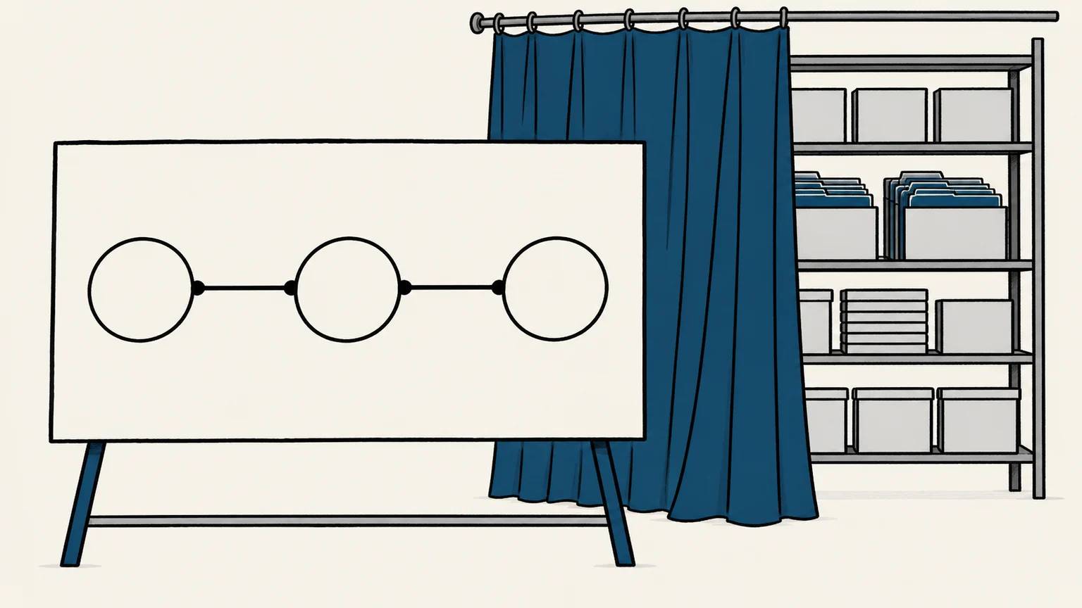 A small visible reasoning path stands before a screened structure of accumulated components, showing how to share judgment without publishing the blueprint