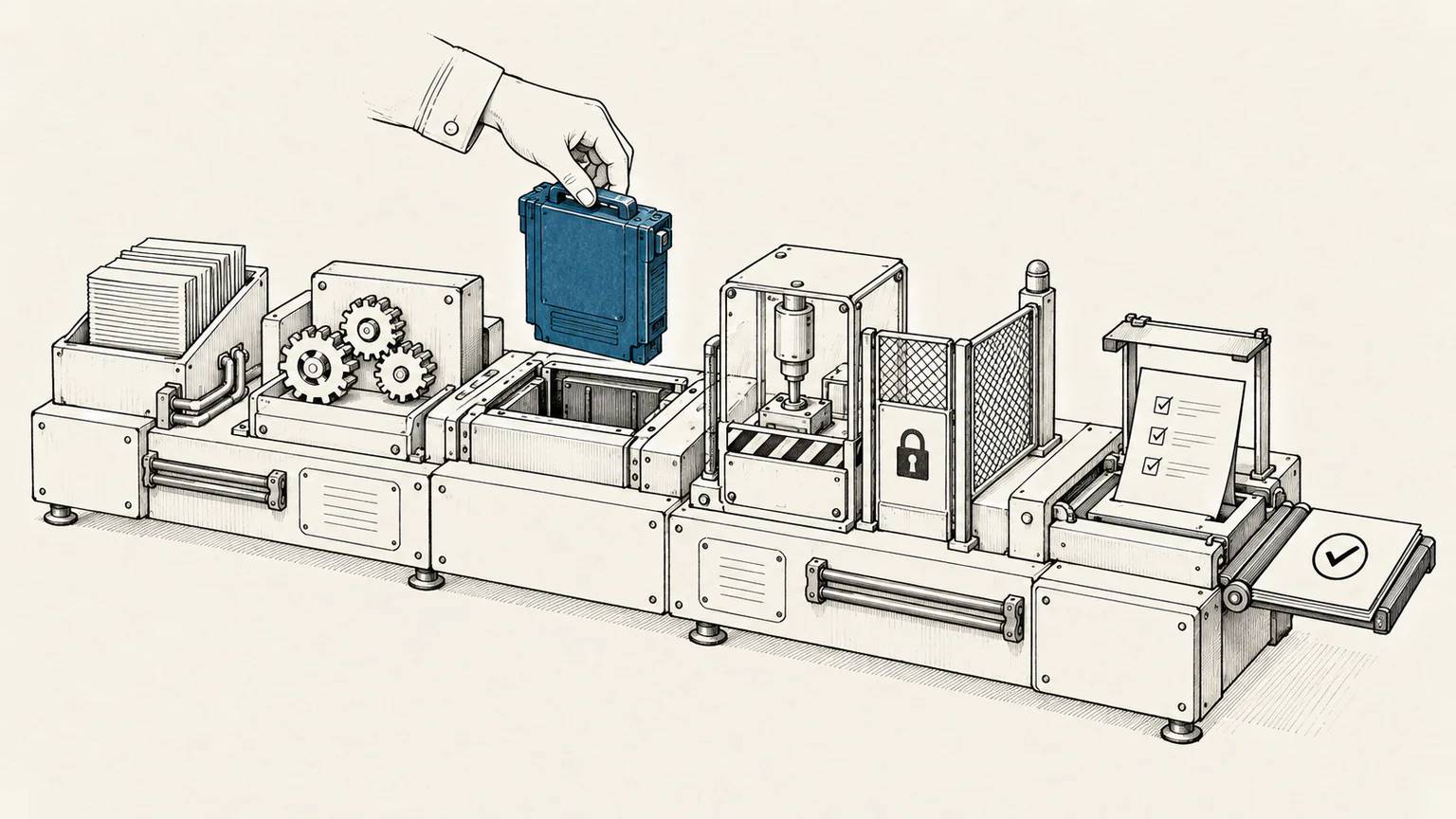 A blue model cartridge is replaced while the surrounding data, rules, permissions, tools, and evaluation fixtures remain intact