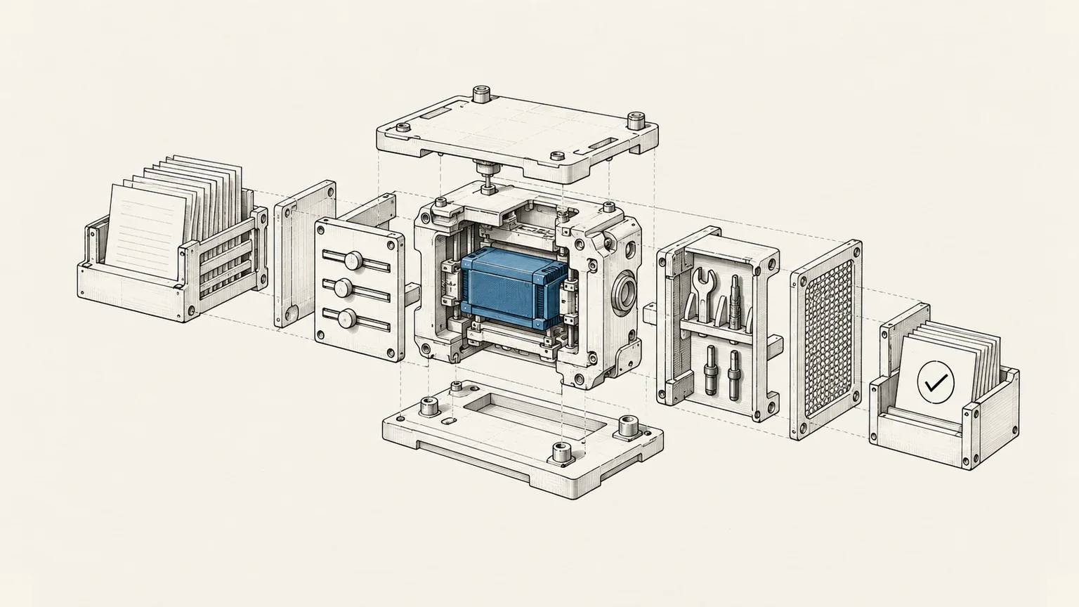 A blue model cartridge works inside a larger mechanism of current information, rules, tools, permissions, and verification