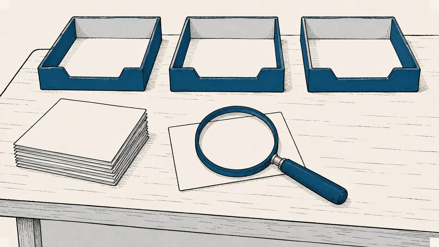 A blank article card is examined with a magnifier beside three empty trays, showing that metrics guide inspection rather than make the pruning decision