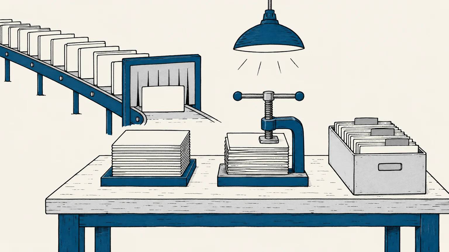 Blank article cards are separated into preserved, repaired, and archived stacks, showing that pruning is a differentiated editorial decision