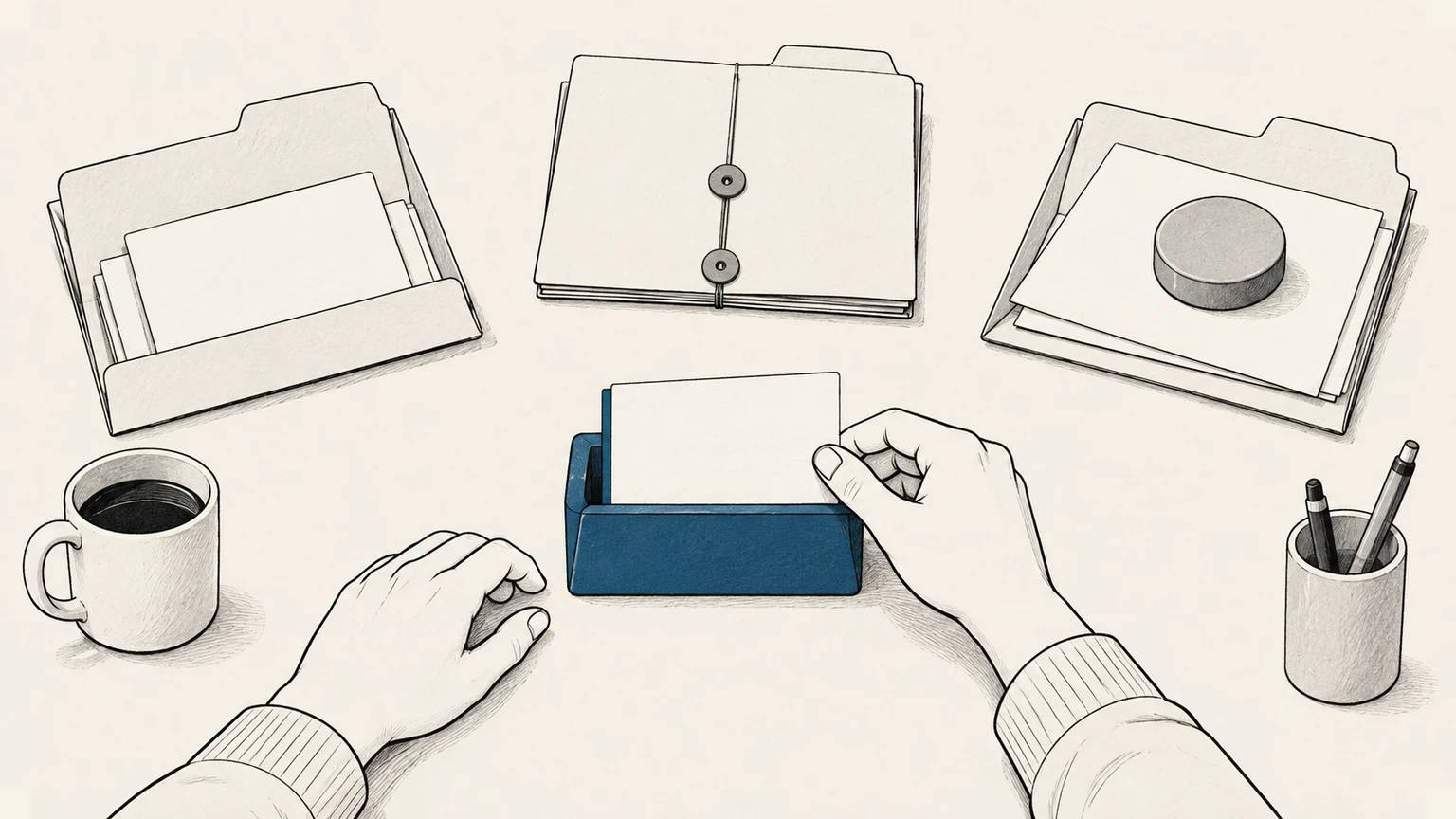 A responsible worker holds one follow-up card while separate folders mark an existing review, no further contact, and an unresolved issue