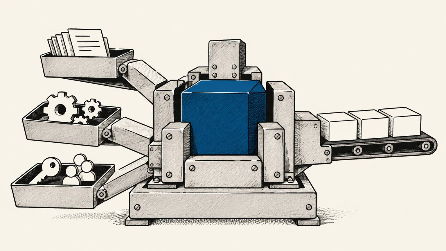A blue model block sits inside a larger assembly with separate trays for data, rules, systems, and permissions