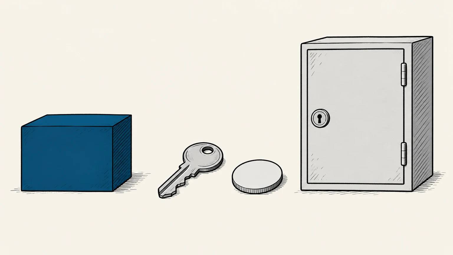 A blue suggestion block remains outside a closed transaction cabinet while a key and blank approval token wait before the gate