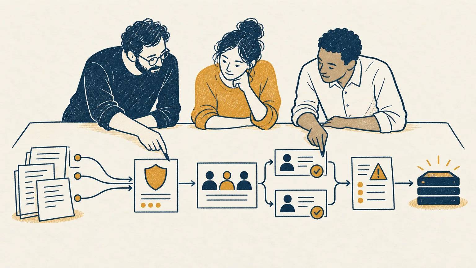Produkt-, Compliance- und Betriebsverantwortliche verfolgen gemeinsam den Weg von Unterlagen über menschliche Kontrollen bis zum laufenden KI-System