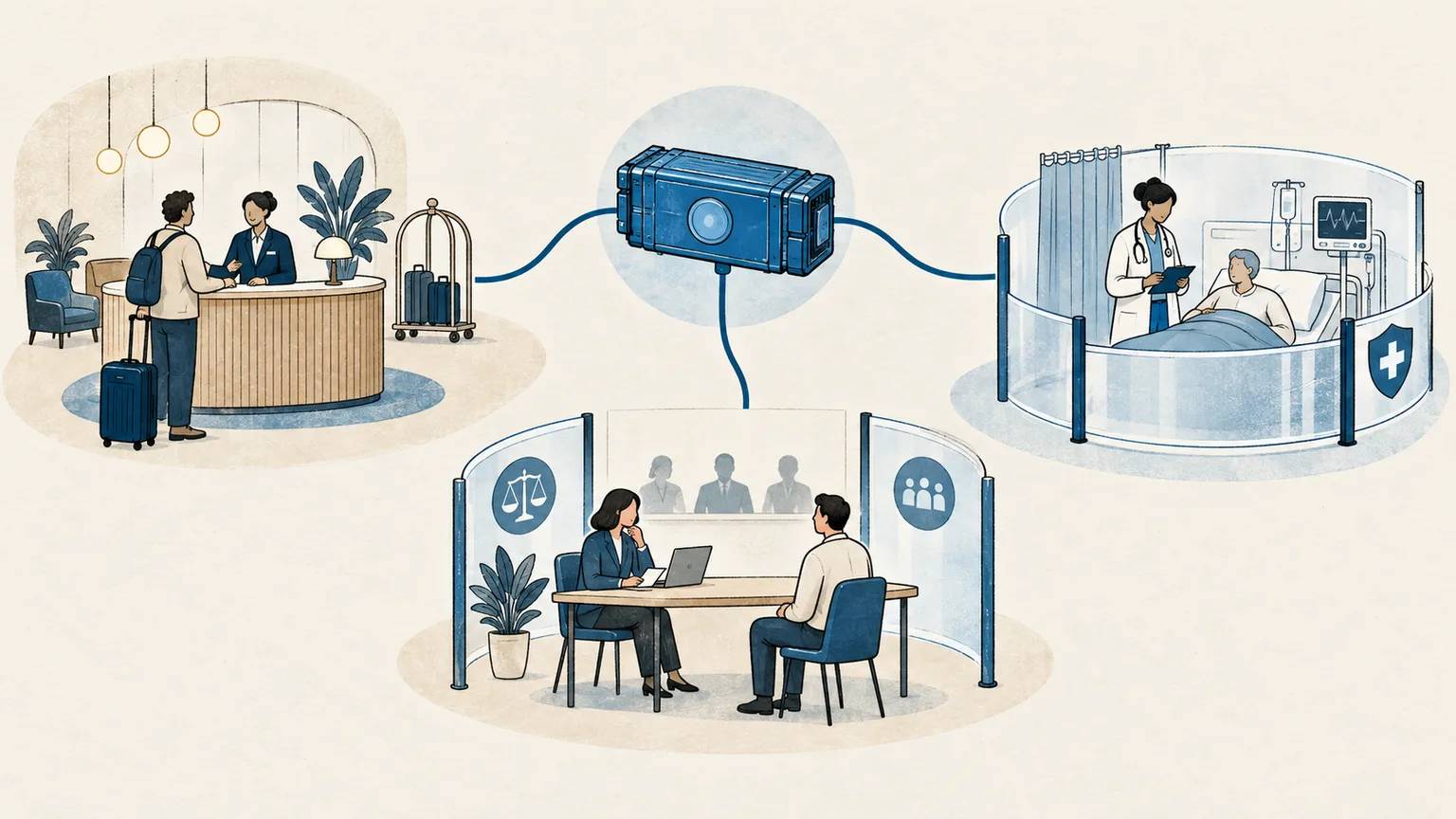 The same AI model connects hotel service, hiring, and health triage to different responsibility boundaries