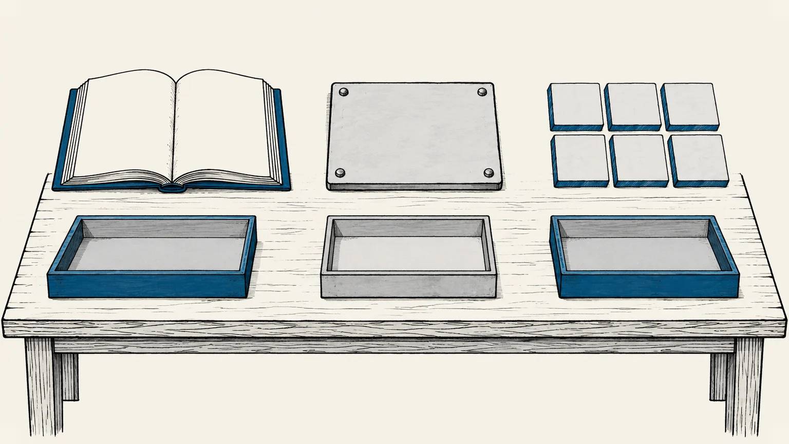An open document, a fixed rule plate, and repeated pattern tiles each sit above a separate tray, showing that different gaps require different solutions