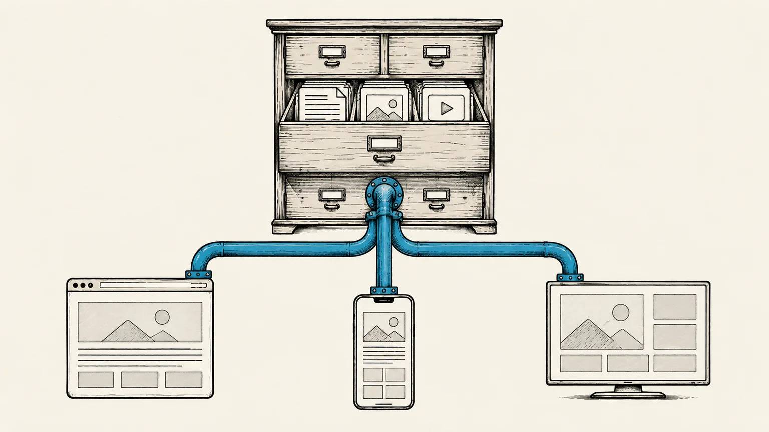 A central content archive feeds three separate presentation surfaces through one API conduit
