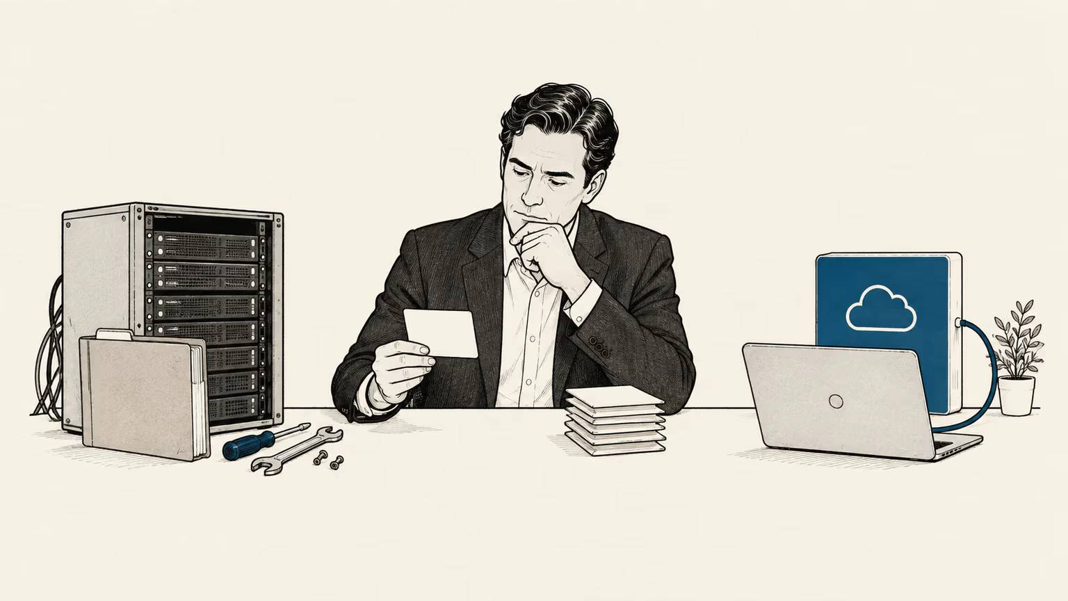 A business leader weighs control over local infrastructure against the lower operating burden of an external managed service