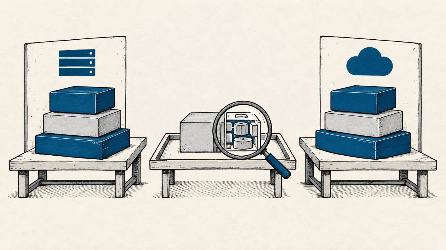 The same work is run in two AI environments while transferred and rebuilt components are checked during a migration test
