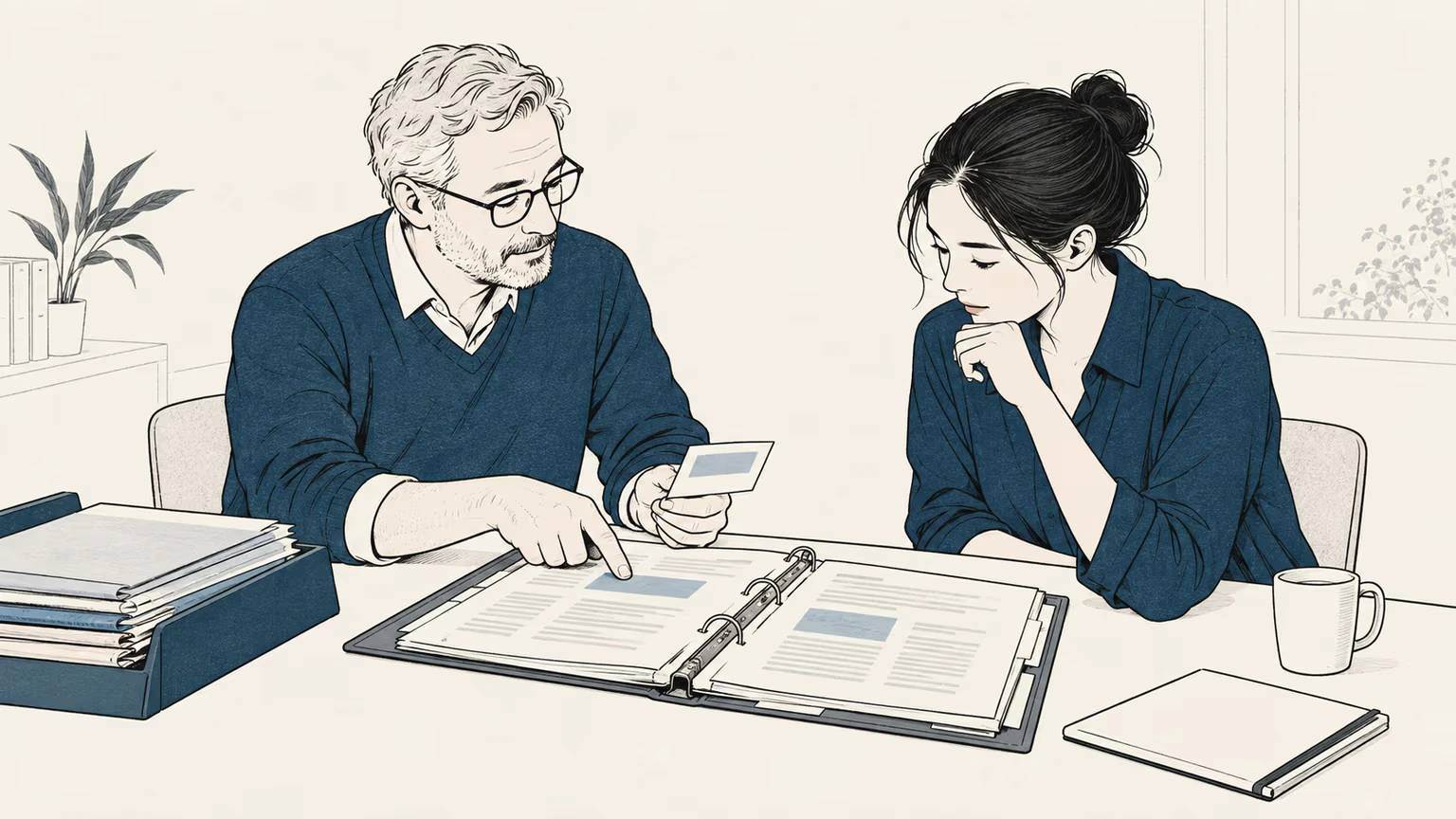 An experienced employee shares the decision context behind the files with the person taking over the work