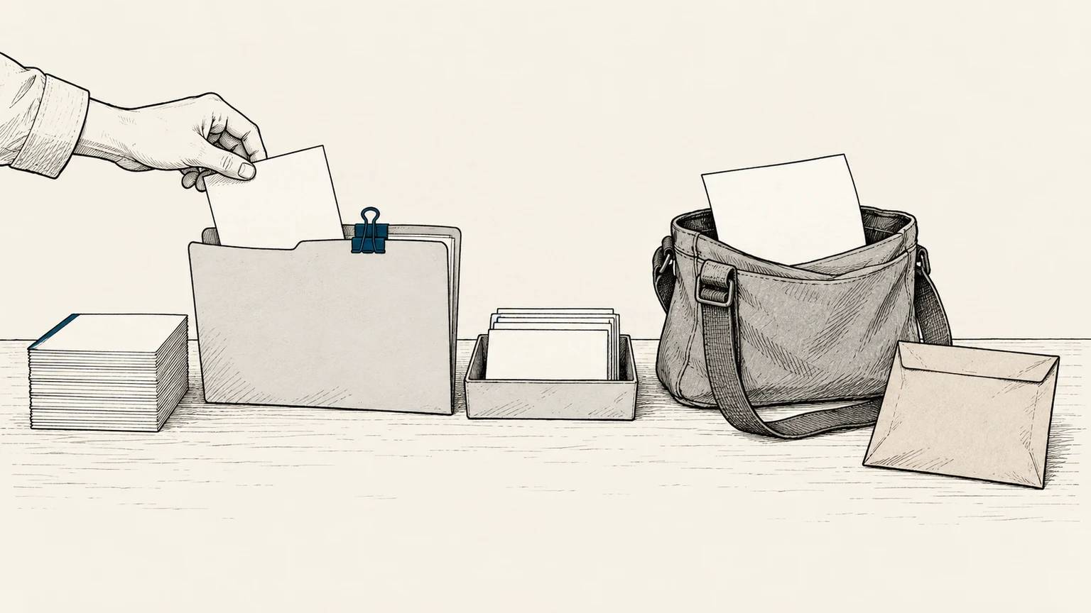 Blank candidate cards, assignments, a field satchel, and collected evidence sit together as one operational backbone