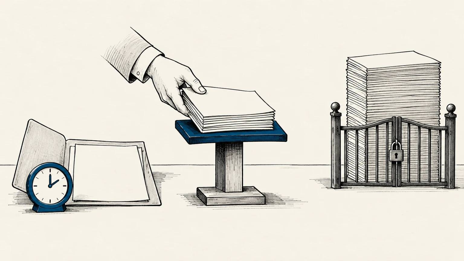 An active field folder and a live decision stand receive results while a tall report pile remains behind a closed gate