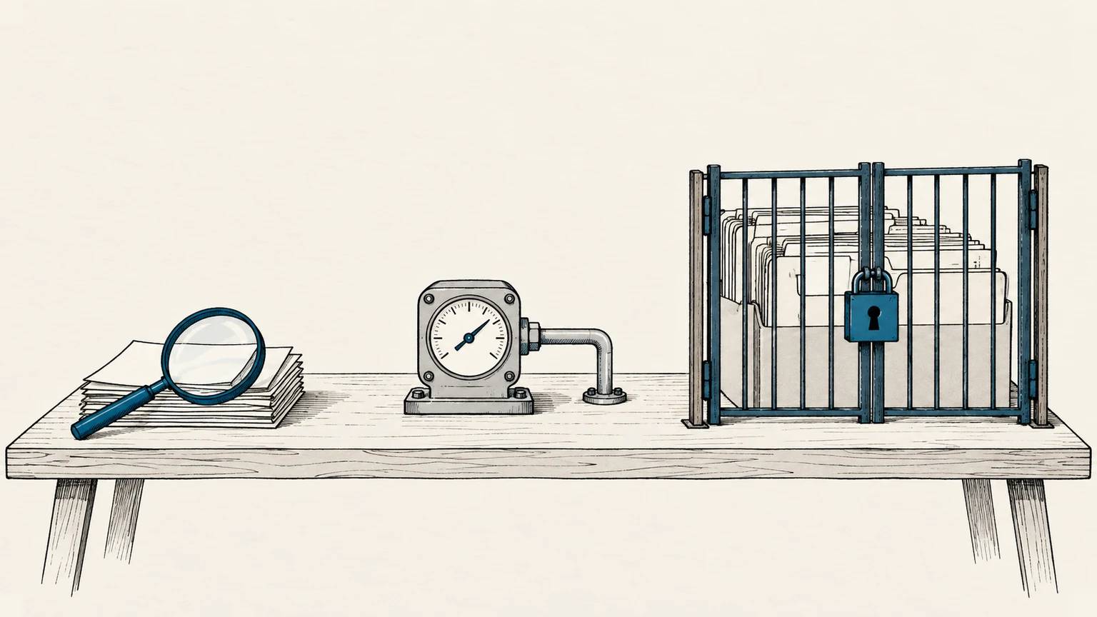 A small document, a live record, and a larger archive sit beside separate access controls, showing that enterprise questions need different information paths