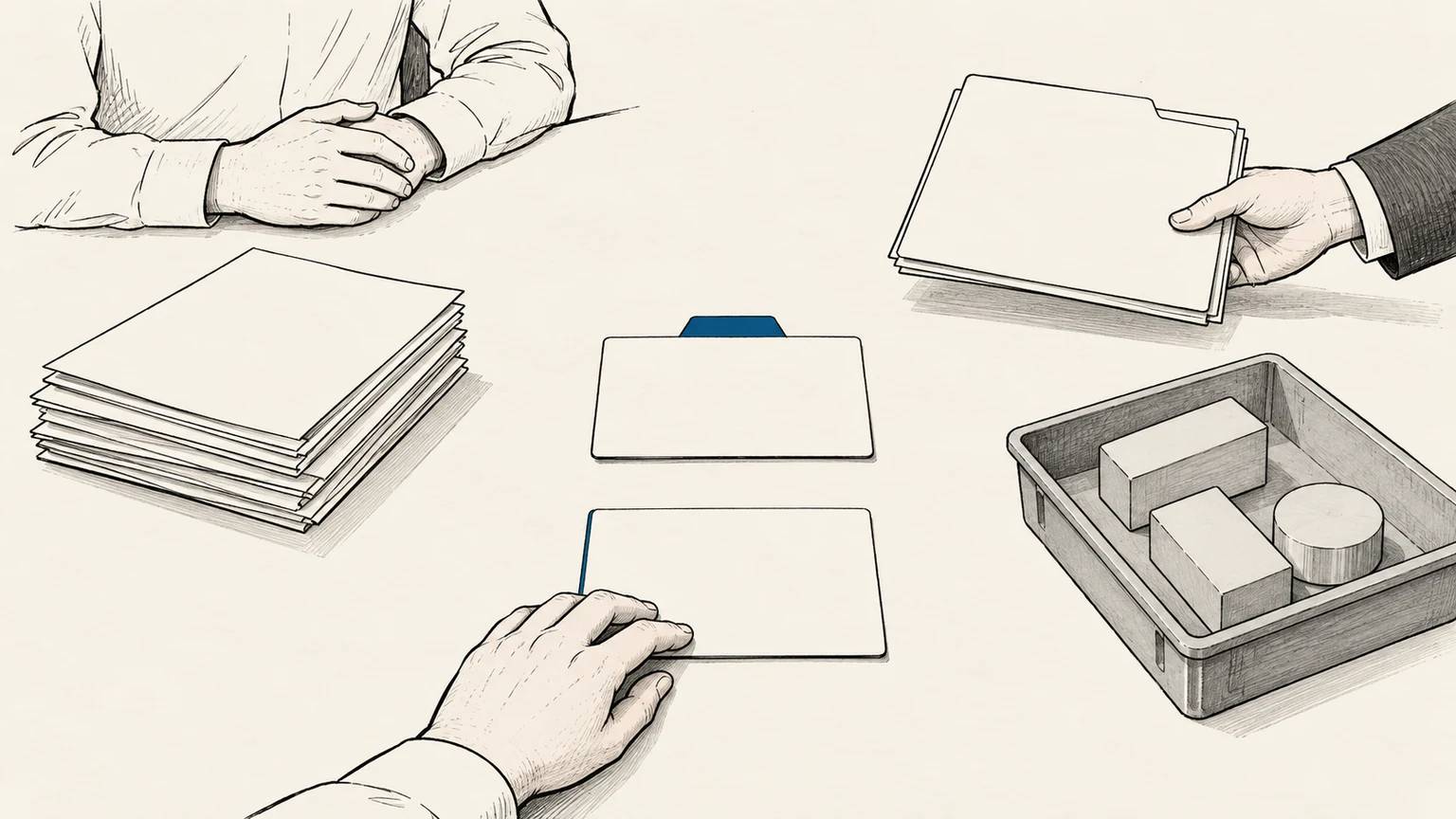 A decision card sits between margin papers, a customer order, and capacity blocks while a result card returns to the same table