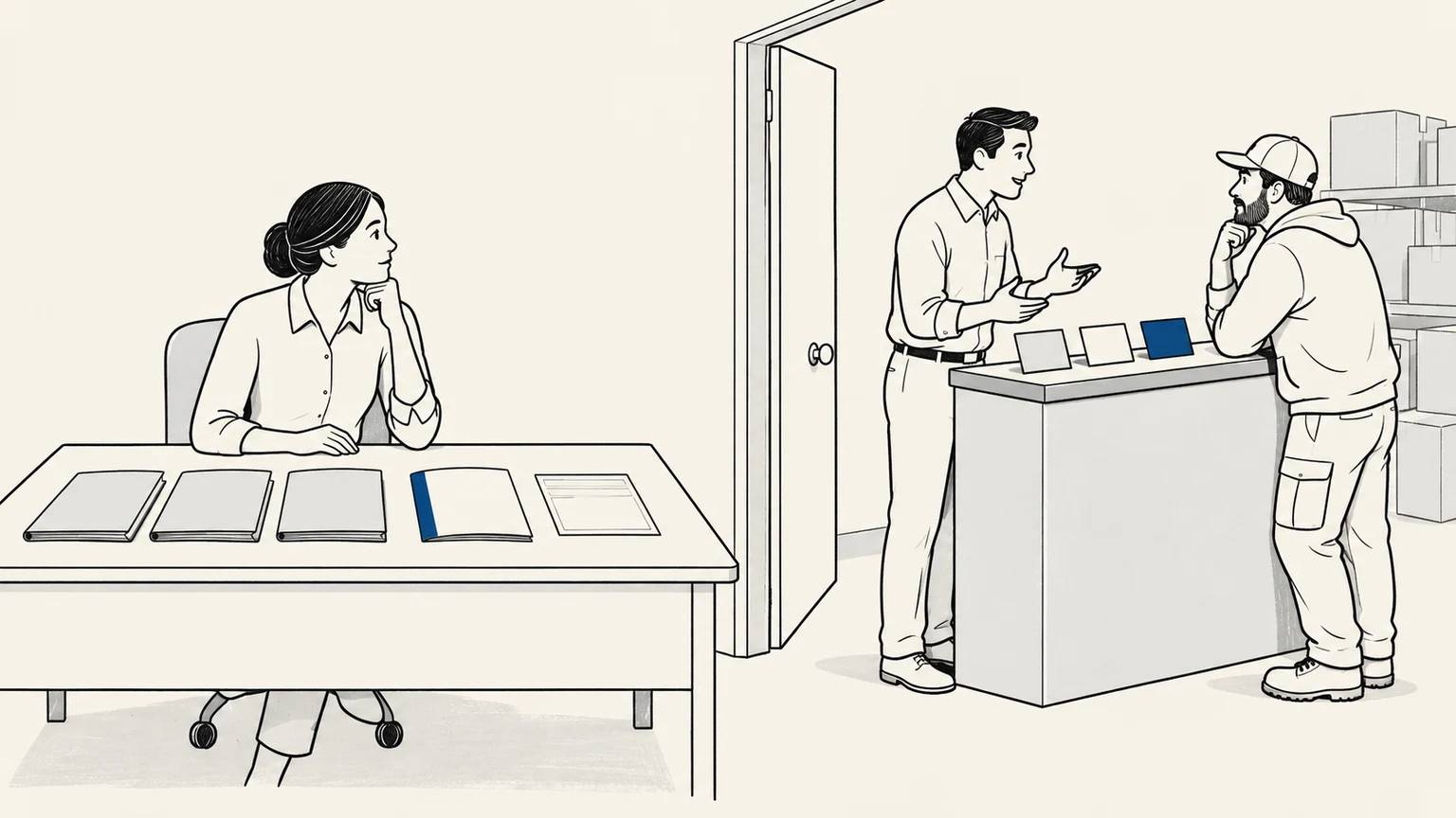 A polished desk-side system meets a real dealer conversation where the salesperson translates formal materials into field reality