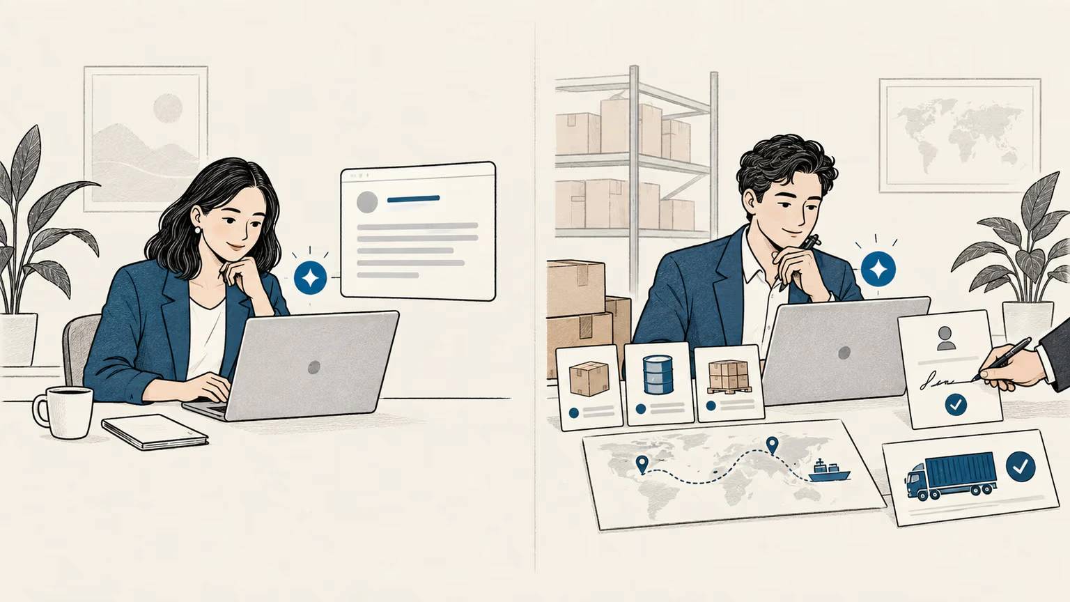 The same AI writes an email in one company and helps prepare a delivery decision with inventory, shipping, and human approval in the other
