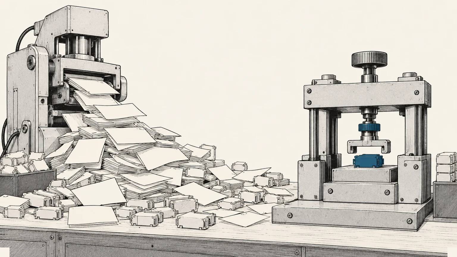 A fast pile of generated components meets a careful production gate that accepts only one stable verified core