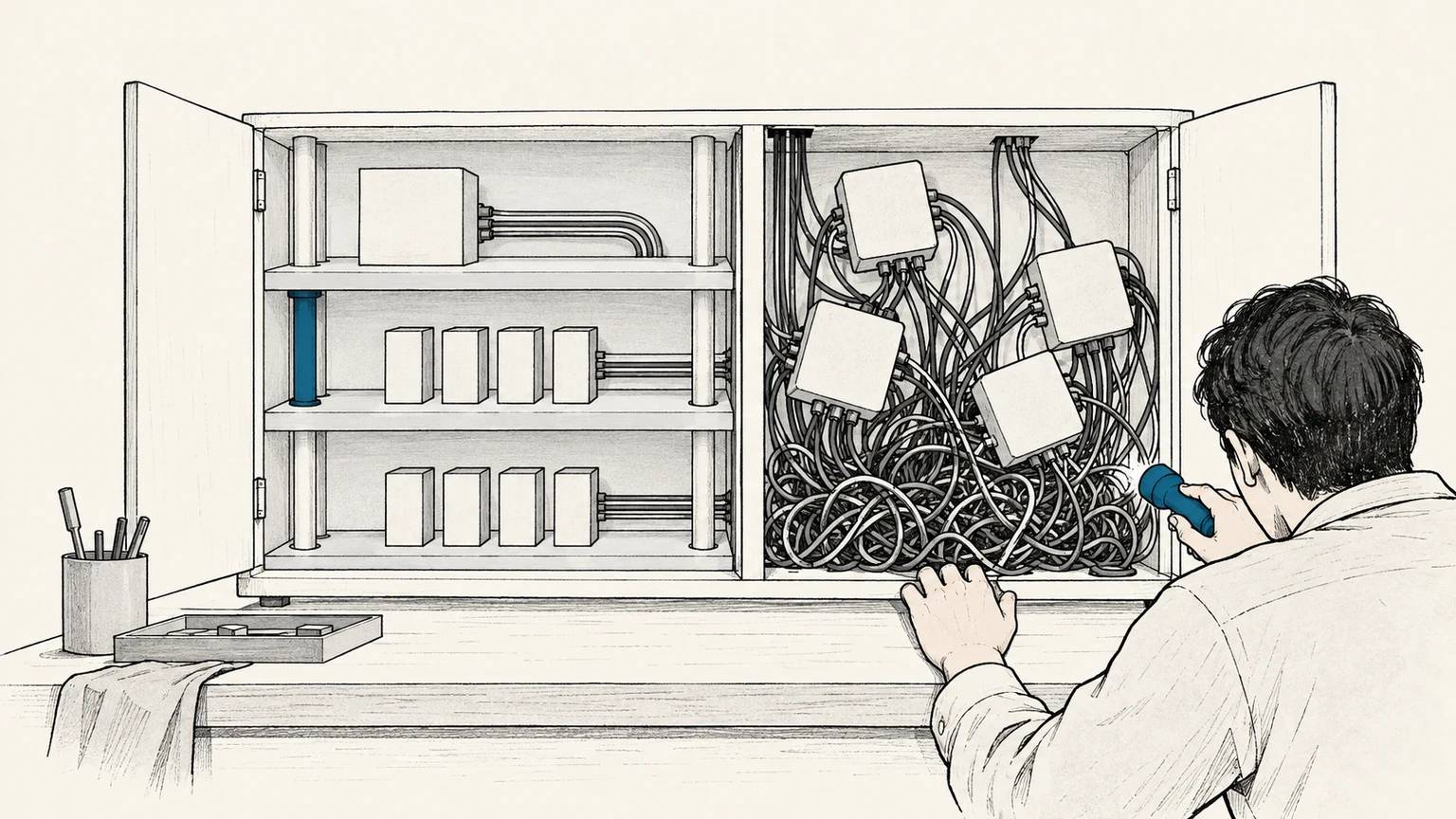 A later engineer inspects clean layered modules beside duplicated components and tangled connections left by a bypassed architecture