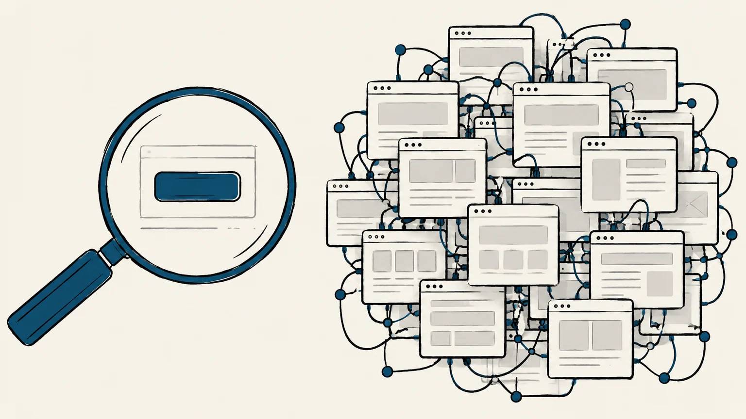 A single interface decision sits under inspection beside a tangled stack of website panels, showing that a full redesign contains many untested decisions