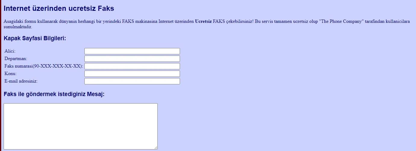 Ücretsiz internet faksı için alıcı, faks numarası ve mesaj alanları bulunan form